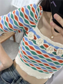 Green Striped Puff Sleeve Crop Top | IU -Amped Apparel IU Green Striped Puff Sleeve Crop Top 12 600x800 1