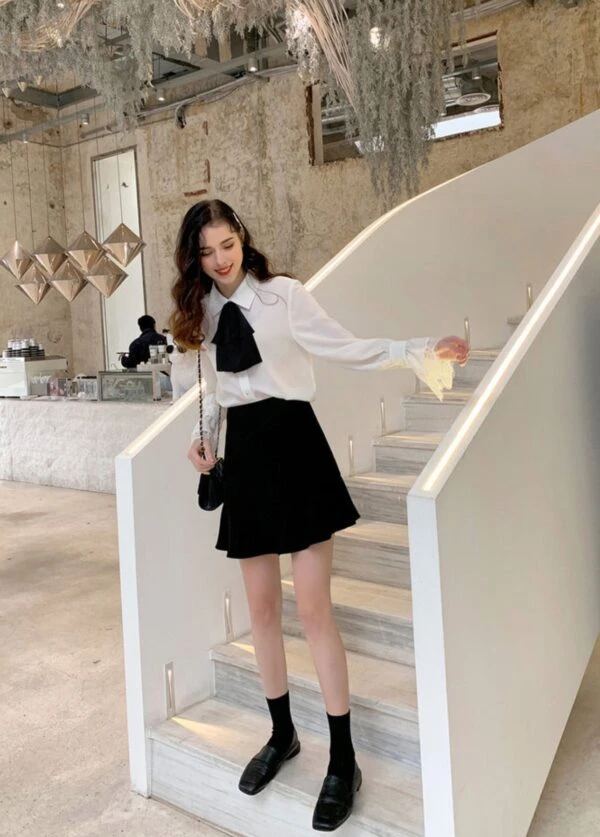 White Bell Sleeve Blouse With Black Bow Tie 12 White Bell Sleeve Blouse With Black Bow Tie - Image 10