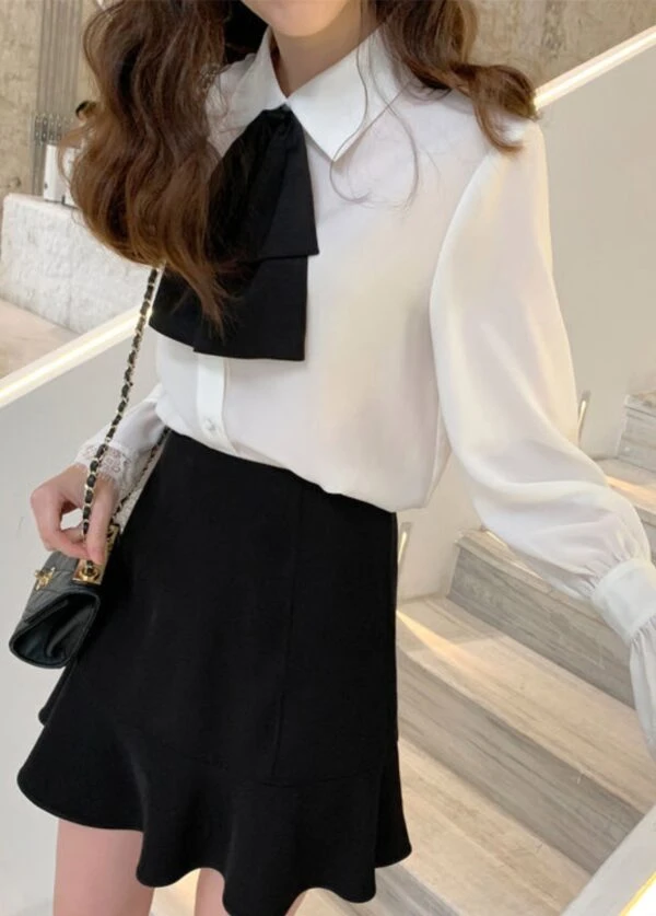 White Bell Sleeve Blouse With Black Bow Tie 4 White Bell Sleeve Blouse With Black Bow Tie - Image 2