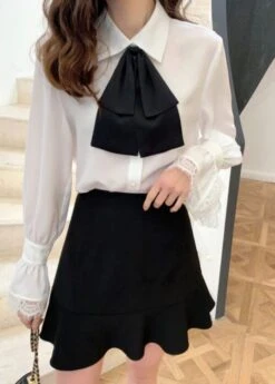 White Bell Sleeve Blouse With Black Bow Tie