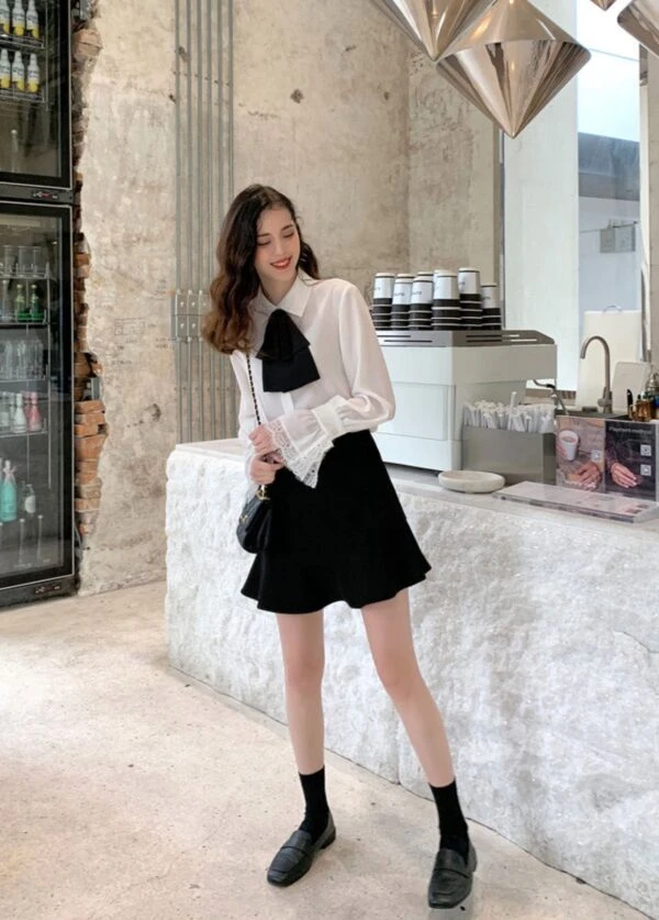 White Bell Sleeve Blouse With Black Bow Tie 9 White Bell Sleeve Blouse With Black Bow Tie - Image 7