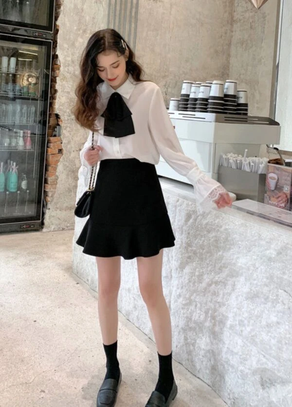 White Bell Sleeve Blouse With Black Bow Tie 7 White Bell Sleeve Blouse With Black Bow Tie - Image 5