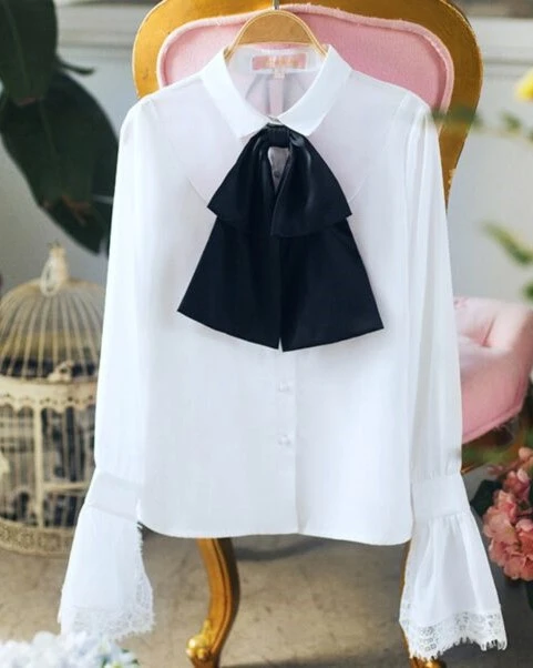 White Bell Sleeve Blouse With Black Bow Tie 18 White Bell Sleeve Blouse With Black Bow Tie - Image 16