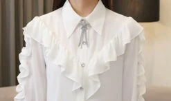 White Ruffled Long Sleeved Blouse | Irene - Red Velvet 29 White Ruffled Long Sleeved Blouse | Irene - Red Velvet -Amped Apparel Irene Ruffled Long Sleeve Blouse 1 600x358 1