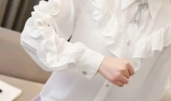 White Ruffled Long Sleeved Blouse | Irene - Red Velvet 31 White Ruffled Long Sleeved Blouse | Irene - Red Velvet -Amped Apparel Irene Ruffled Long Sleeve Blouse 11 600x355 1