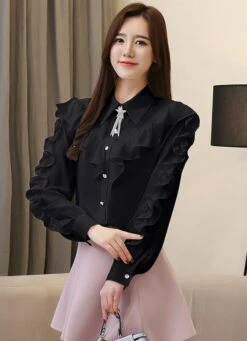 White Ruffled Long Sleeved Blouse | Irene - Red Velvet 25 White Ruffled Long Sleeved Blouse | Irene - Red Velvet -Amped Apparel Irene Ruffled Long Sleeve Blouse 13 e1643896127516