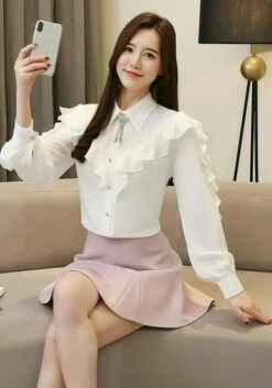 White Ruffled Long Sleeved Blouse | Irene - Red Velvet 21 White Ruffled Long Sleeved Blouse | Irene - Red Velvet -Amped Apparel Irene Ruffled Long Sleeve Blouse 5 e1643896332198 600x857 1