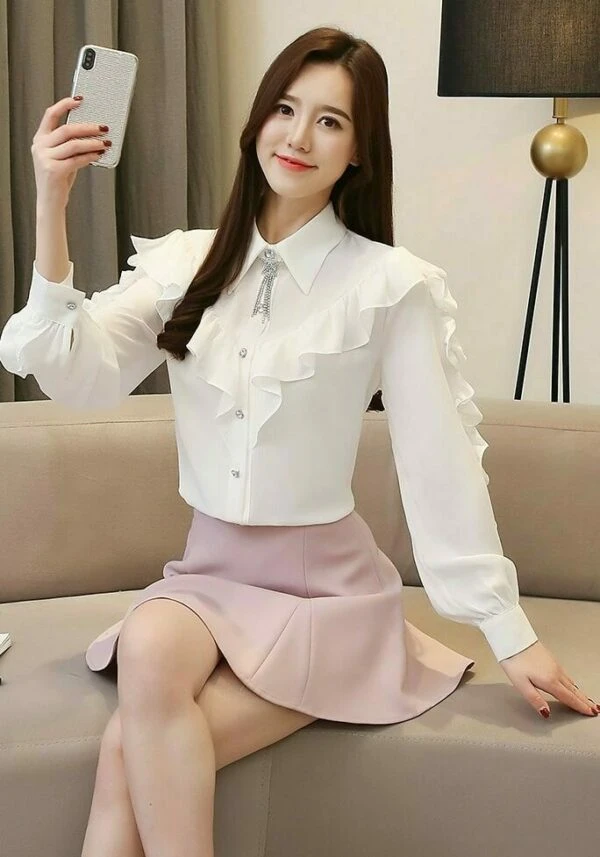 White Ruffled Long Sleeved Blouse | Irene - Red Velvet 5 White Ruffled Long Sleeved Blouse | Irene - Red Velvet - Image 3