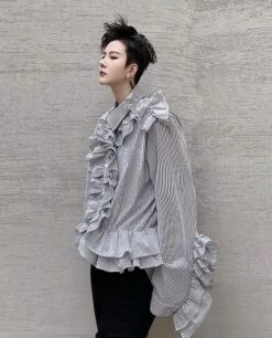 Black Stripe Ruffled Shirt | J-Hope - BTS -Amped Apparel J Hope BTS Black Stripe Ruffled Shirt 4