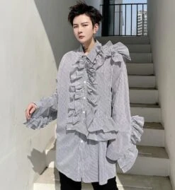 Black Stripe Ruffled Shirt | J-Hope - BTS -Amped Apparel J Hope BTS Black Stripe Ruffled Shirt 6 600x653 1