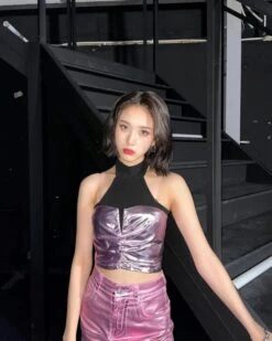 Pink Metallic Mini Skirt | J - STAYC -Amped Apparel J STAYC Pink Metallic Mini Skirt 1 600x750 1