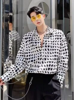 White Mishmash Heart Shapes Pattern Shirt | Jay - Enhypen -Amped Apparel Jay Enhypen White Mishmash Heart Shapes Pattern Shirt 5