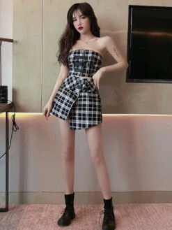 Black And White Plaid Tube Crop Top | Jennie - BlackPink -Amped Apparel Jennie Black and White Plaid Tube Top and Skirt 4 600x800 1