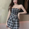 Black And White Plaid Tube Crop Top | Jennie - BlackPink -Amped Apparel Jennie Black and White Plaid Tube Top and Skirt 6 600x800 1