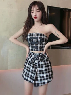Black And White Plaid Tube Crop Top | Jennie - BlackPink -Amped Apparel Jennie Black and White Plaid Tube Top and Skirt 7 600x800 1