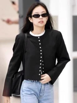 Black Snap Button Long Sleeve Shirt | Jennie - BlackPink -Amped Apparel Jennie BlackPink Black Snap Button Long Sleeve Shirt 1 600x801 1