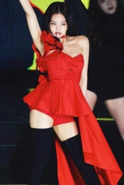 Red Asymmetric Off Shoulder Ruffled Dress | Jennie - BlackPink -Amped Apparel Jennie BlackPink Red Asymmetric Off Shoulder Ruffled Dress 1