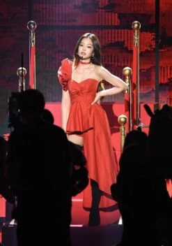 Red Asymmetric Off Shoulder Ruffled Dress | Jennie - BlackPink -Amped Apparel Jennie BlackPink Red Asymmetric Off Shoulder Ruffled Dress 6