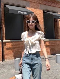 White Satin Puff Sleeve Blouse | Jennie - BlackPink -Amped Apparel Jennie BlackPink White Satin Puff Sleeve Blouse 2