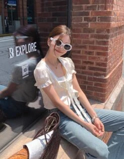 White Satin Puff Sleeve Blouse | Jennie - BlackPink -Amped Apparel Jennie BlackPink White Satin Puff Sleeve Blouse 7