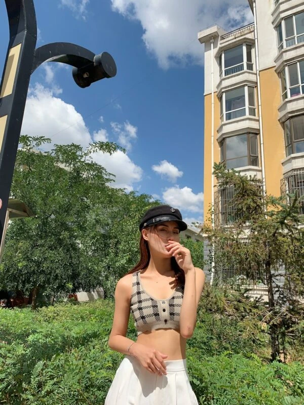 Beige Plaid Camisole Crop Top | Jennie - BlackPink 4 Beige Plaid Camisole Crop Top | Jennie - BlackPink - Image 2