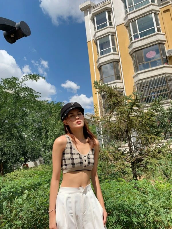 Beige Plaid Camisole Crop Top | Jennie - BlackPink 6 Beige Plaid Camisole Crop Top | Jennie - BlackPink - Image 4