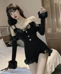 Black Ruffled Mini Jumpsuit | Jennie - BlackPink -Amped Apparel Jennie – BlackPink Black Ruffled Mini Jumpsuit11