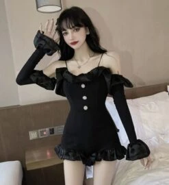 Black Ruffled Mini Jumpsuit | Jennie - BlackPink -Amped Apparel Jennie – BlackPink Black Ruffled Mini Jumpsuit5 600x655 1