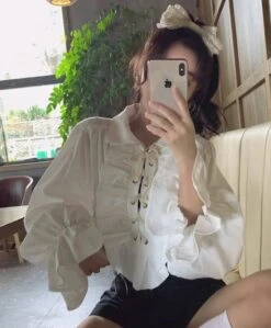 White Ruffled Blouse | Jeongin - Stray Kids -Amped Apparel Jeongin Stray Kids White Ruffled Shirt 20 600x726 1