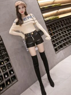 Black Buttoned Leather Shorts | Jeongyeon - Twice -Amped Apparel Jeongyeon Twice Black Buttoned Leather Shorts 7 600x800 1