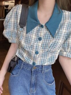 Blue Plaid Puff Sleeve Blouse | Jisoo - BlackPink -Amped Apparel Jisoo BlackPink Blue Plaid Puff Sleeve Blouse 1