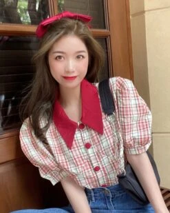 Blue Plaid Puff Sleeve Blouse | Jisoo - BlackPink -Amped Apparel Jisoo BlackPink Blue Plaid Puff Sleeve Blouse 2