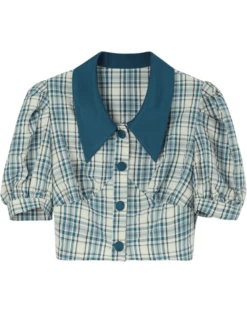 Blue Plaid Puff Sleeve Blouse | Jisoo - BlackPink -Amped Apparel Jisoo BlackPink Blue Plaid Puff Sleeve Blouse 2 600x760 1