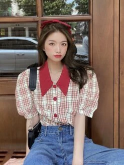 Blue Plaid Puff Sleeve Blouse | Jisoo - BlackPink -Amped Apparel Jisoo BlackPink Blue Plaid Puff Sleeve Blouse 3