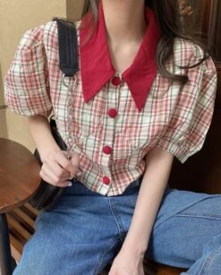 Blue Plaid Puff Sleeve Blouse | Jisoo - BlackPink -Amped Apparel Jisoo BlackPink Blue Plaid Puff Sleeve Blouse 4