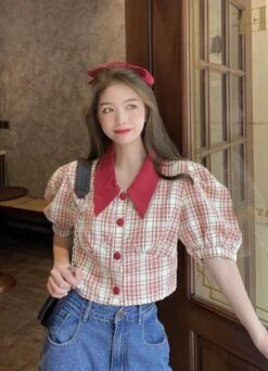 Blue Plaid Puff Sleeve Blouse | Jisoo - BlackPink -Amped Apparel Jisoo BlackPink Blue Plaid Puff Sleeve Blouse 5