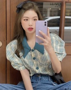 Blue Plaid Puff Sleeve Blouse | Jisoo - BlackPink -Amped Apparel Jisoo BlackPink Blue Plaid Puff Sleeve Blouse 6