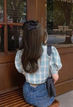 Blue Plaid Puff Sleeve Blouse | Jisoo - BlackPink -Amped Apparel Jisoo BlackPink Blue Plaid Puff Sleeve Blouse 7