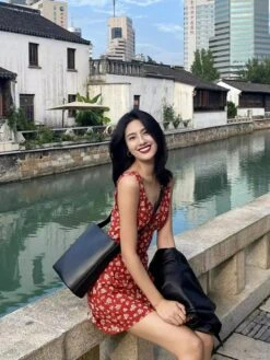 Red Deep V-Neck Floral Dress | Jisoo - BlackPink