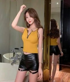 Black Bandage Synthetic Leather Shorts | Jiu - Dreamcatcher -Amped Apparel Jiu Dreamcatcher Black Bandage Synthetic Leather Shorts 11 600x705 1