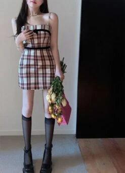 Pink Plaid Suspender Fitted Dress | Jiwoo - NMIXX -Amped Apparel Jiwoo NMIXX Pink Plaid Suspender Fitted Dress 5 600x828 1