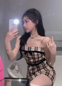 Pink Plaid Suspender Fitted Dress | Jiwoo - NMIXX -Amped Apparel Jiwoo NMIXX Pink Plaid Suspender Fitted Dress 8 600x831 1