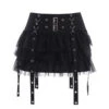 Black Mesh Layered Skirt With Eyelet Straps | Joy - Red Velvet