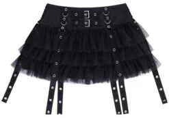 Black Mesh Layered Skirt With Eyelet Straps | Joy - Red Velvet -Amped Apparel Joy Red Velvet Black Mesh Layered Skirt With Eyelet Straps 4 600x421 1