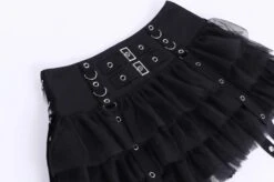 Black Mesh Layered Skirt With Eyelet Straps | Joy - Red Velvet -Amped Apparel Joy Red Velvet Black Mesh Layered Skirt With Eyelet Straps 5 600x399 1