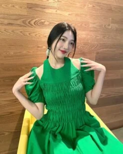 Green Puff Sleeve Halter Dress | Joy - Red Velvet -Amped Apparel Joy Red Velvet Green Puff Sleeve Halter Dress 2 600x750 1