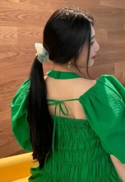 Green Puff Sleeve Halter Dress | Joy - Red Velvet -Amped Apparel Joy Red Velvet Green Puff Sleeve Halter Dress 3 600x870 1