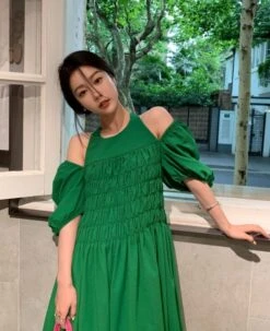 Green Puff Sleeve Halter Dress | Joy - Red Velvet -Amped Apparel Joy Red Velvet Green Puff Sleeve Halter Dress 4 600x737 1