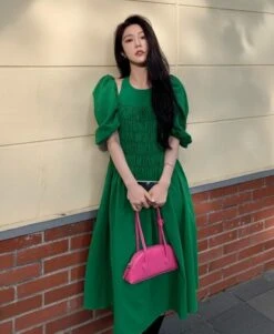 Green Puff Sleeve Halter Dress | Joy - Red Velvet