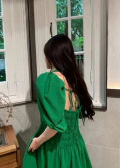 Green Puff Sleeve Halter Dress | Joy - Red Velvet -Amped Apparel Joy Red Velvet Green Puff Sleeve Halter Dress 6 600x843 1